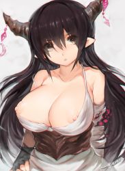Rule 34 | 10s, 1girl, bare shoulders, black hair, breasts, breasts out, brown eyes, danua, draph, female focus, granblue fantasy, horns, large breasts, long hair, looking at viewer, mukka, nipple slip, nipples, open mouth, pointy ears, solo