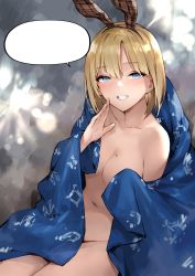 Rule 34 | 1girl, animal ears, blank speech bubble, blanket, blonde hair, blue eyes, blush, breasts, cleavage, fake animal ears, hair ornament, highres, hololive, hololive english, large breasts, looking at viewer, mole, mole on breast, navel, rabbit ears, short hair, smile, solo, speech bubble, virtual youtuber, watson amelia, zen juraku