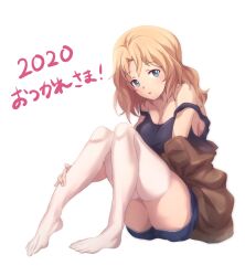 Rule 34 | 1girl, 2020, 9s0ykoyama117, absurdres, black tank top, blonde hair, blue eyes, breasts, brown jacket, commentary request, feet, girls und panzer, hair intakes, highres, jacket, kay (girls und panzer), legs, long sleeves, looking at viewer, medium breasts, medium hair, military, military uniform, new year, no shoes, off shoulder, open clothes, open jacket, parted lips, saunders military uniform, shirt, short shorts, shorts, simple background, sitting, solo, strap slip, tank top, thighhighs, toes, translated, uniform, white background, white thighhighs