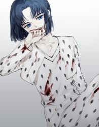 Rule 34 | 1boy, androgynous, black hair, blood, blood on face, blood on hands, blood on clothes, blue eyes, bruno bucciarati, cardigan, expressionless, jojo no kimyou na bouken, konghi98, no background, skinny, solo focus, v-neck, wiping face, aged down