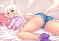 Rule 34 | 10s, 1girl, animal ear fluff, animal ears, ass, bare shoulders, bed, bed sheet, blue eyes, blush, breasts, cat ears, cat tail, coconut (nekopara), commentary, denim, denim shorts, english commentary, grin, heterochromia, high heels, highres, large breasts, long hair, looking at viewer, lying, medium breasts, micro shorts, nekopara, nottytiffy, hugging object, off shoulder, on bed, on stomach, pillow, pillow hug, platinum blonde hair, purple footwear, short shorts, shorts, slit pupils, smile, solo, tail, teeth, watermark, web address, white hair, yellow eyes