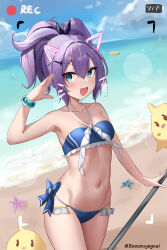 Rule 34 | 1girl, :d, absurdres, azur lane, bandeau, baozouyeguai, bare arms, bare shoulders, beach, bikini, blue bikini, blue eyes, breasts, cleavage, commentary request, cowboy shot, halterneck, hand up, highres, javelin (azur lane), looking at viewer, manjuu (azur lane), navel, ocean, open mouth, ponytail, purple hair, short hair, small breasts, smile, solo, standing, starfish, stomach, swimsuit, thighs, water