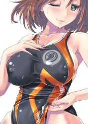Rule 34 | 10s, 1girl, ;), adjusting clothes, adjusting swimsuit, armpits, azumi (girls und panzer), black one-piece swimsuit, blush, breasts, brown hair, cleavage, closed mouth, collarbone, competition swimsuit, emblem, girls und panzer, green eyes, groin, hair between eyes, hand on own chest, impossible clothes, impossible swimsuit, large breasts, light smile, looking at viewer, nenchi, one-piece swimsuit, one eye closed, orange one-piece swimsuit, selection university (emblem), short hair, sideboob, simple background, skin tight, skindentation, smile, solo, standing, swimsuit, taut clothes, upper body, wet, wet clothes, white background