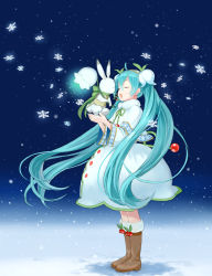 Rule 34 | 1girl, ahoge, animal, aqua hair, aqua nails, bellflower, boots, brown footwear, closed eyes, dress, flower, fur boots, fur collar, glowing, habuki, hair flower, hair ornament, hatsune miku, headset, highres, holding, holding animal, lily of the valley, long hair, nail polish, night, open mouth, rabbit, ribbon, snowing, solo, standing, twintails, very long hair, vocaloid, yuki miku, yukine (vocaloid)