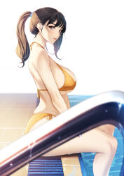 Rule 34 | 1girl, bikini, black hair, blueorca, blurry, blurry foreground, breasts, brown eyes, depth of field, from side, hair tie, highres, large breasts, long hair, looking at viewer, looking to the side, original, parted lips, ponytail, poolside, simple background, soaking feet, solo, swimsuit, water, wet, white background, yellow bikini