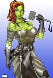 Rule 34 | 1girl, blacksmith, colored skin, female orc, gloves, green skin, hammer, lazgar (kitbashstudios), orc, red hair, tusks
