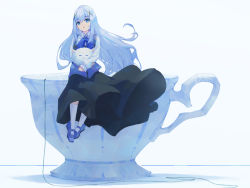 Rule 34 | 1girl, black dress, blue background, blue bow, blue eyes, blue footwear, blue hair, blue theme, bow, closed eyes, closed mouth, creature, cup, diamond-shaped pupils, diamond (shape), dress, frilled sleeves, frills, gochuumon wa usagi desu ka?, hair between eyes, hair ornament, highres, holding, holding creature, holding own arm, long hair, naycot, open mouth, oversized object, simple background, sitting, sleeves past wrists, socks, string, symbol-shaped pupils, teacup, white socks, x hair ornament