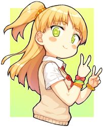 Rule 34 | + +, 1girl, bachera, blonde hair, blush stickers, closed mouth, collared shirt, commentary request, double v, green background, green eyes, hands up, idolmaster, idolmaster cinderella girls, jougasaki rika, looking at viewer, looking to the side, neck ribbon, ponytail, red ribbon, ribbon, shirt, short sleeves, simple background, smile, solo, sweater vest, two-tone background, v, white background, white shirt