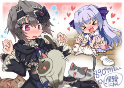Rule 34 | &gt; &lt;, 2girls, :d, afterimage, animal, bad id, bad pixiv id, black capelet, black dress, blue skirt, blush, brooch, capelet, cat, chibi, closed eyes, commentary request, copyright request, dress, frilled capelet, frills, grey hair, hair between eyes, hair intakes, hair ribbon, hands up, heart, jewelry, long hair, long sleeves, multiple girls, no shoes, noai nioshi, nose blush, open mouth, petting, puffy short sleeves, puffy sleeves, purple eyes, purple hair, purple ribbon, ribbon, shirt, short sleeves, signature, skirt, smile, star (symbol), very long hair, white shirt, wide sleeves, wooden floor, xd