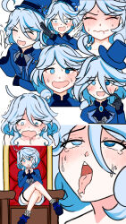 Rule 34 | 1girl, ahegao, ahoge, blue eyes, blue hair, blush, boots, chair, closed eyes, coat, expressions, furina (genshin impact), gloves, hat, heterochromia, long hair, looking at viewer, moma, open mouth, short shorts, shorts, sitting, smile, solo, sweat, tears, tongue, tongue out