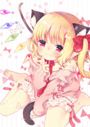 Rule 34 | 1girl, ahoge, alternate costume, animal ear fluff, animal ears, aogiri sei, bare shoulders, barefoot, blonde hair, bloomers, blush, bow, cat ears, cat tail, closed mouth, crystal, fang, fang out, finger to face, flandre scarlet, from above, hair bow, jewelry, kemonomimi mode, long sleeves, looking at viewer, medium hair, no headwear, off shoulder, one side up, pink sweater, pointy ears, red bow, red eyes, ribbon-trimmed bloomers, ribbon trim, ring, sitting, sleeves past wrists, solo, strap slip, sweater, tail, touhou, underwear, wariza, white background, wings