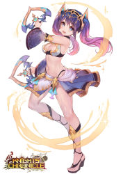 Rule 34 | 1girl, :d, bare shoulders, black panties, blue eyes, blue hair, breasts, chakram, choker, cleavage, copyright name, dancer, detached sleeves, dual wielding, erin (knights chronicle), full body, gradient hair, headgear, highleg, highres, holding, holding weapon, khj, knights chronicle, leg up, logo, long hair, looking at viewer, medium breasts, midriff, miniskirt, multicolored hair, navel, official art, open mouth, panties, pink hair, revealing clothes, sandals, side slit, sidelocks, simple background, skirt, smile, solo, sparkle, standing, standing on one leg, stomach, thighs, twintails, two-tone hair, underwear, weapon, white background, wide sleeves