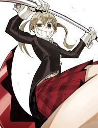 Rule 34 | 1girl, absurdres, arms up, blonde hair, gloves, green eyes, grin, hair between eyes, highres, holding, holding scythe, holding weapon, looking at viewer, maka albarn, medium hair, plaid, plaid skirt, red skirt, scythe, simple background, skirt, smile, solo, soul eater, teeth, toot, twintails, weapon, white background, white gloves, wrist cuffs