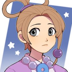 Rule 34 | 1girl, ace attorney, bead necklace, beads, blue background, brown hair, closed mouth, grey eyes, hair beads, hair ornament, hair rings, highres, jacket, japanese clothes, jewelry, kimono, looking at viewer, medium hair, necklace, pearl fey, portrait, purple jacket, single sidelock, solo, star (symbol), white kimono, yezhi (48693232)