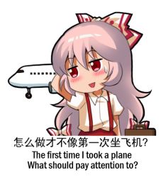 Rule 34 | 1girl, aircraft, airplane, bilingual, blush, bow, chinese text, english text, engrish text, fujiwara no mokou, hair bow, hair ribbon, jokanhiyou, long hair, mixed-language text, multi-tied hair, open mouth, pink hair, puffy short sleeves, puffy sleeves, ranguage, red eyes, ribbon, shirt, short sleeves, simple background, smile, solo, suitcase, suspenders, sweatdrop, touhou, translated, white background, white shirt