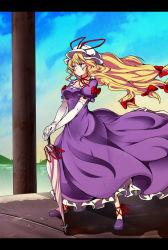 Rule 34 | 1girl, absurdres, arched back, baba (baba seimaijo), baba (pixiv3422465), blonde hair, blue sky, breasts, choker, cleavage, closed umbrella, cloud, dress, elbow gloves, flowing dress (dq), frilled dress, frills, gloves, hair ribbon, hat, highres, hill, hip focus, lake, letterboxed, long hair, md5 mismatch, mob cap, own hands together, planted, planted umbrella, platform, puffy sleeves, purple dress, purple eyes, resolution mismatch, ribbon, ribbon choker, short sleeves, sky, source smaller, touhou, umbrella, very long hair, waiting, white gloves, wind, yakumo yukari