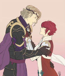 Rule 34 | 10s, 1boy, 1girl, 2016, armor, blonde hair, cape, circlet, fire emblem, fire emblem fates, gloves, half gloves, hand on own hip, hetero, hinoka (fire emblem), imminent kiss, looking at another, nintendo, parted lips, pink background, red gloves, red hair, short hair, sideburns, signature, simple background, ticcy, upper body, wavy hair, xander (fire emblem)