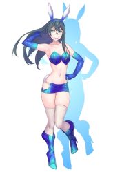 Rule 34 | &gt;:), 10s, 1girl, alternate costume, animal ears, aqua eyes, armpits, asymmetrical clothes, bare shoulders, blue footwear, blue gloves, blue hairband, blush, boots, breasts, choker, cleavage, collarbone, curvy, drop shadow, elbow gloves, fake animal ears, full body, gloves, green hair, hair between eyes, hair flip, hairband, hand on own hip, high heel boots, high heels, highres, kantai collection, long hair, looking at viewer, medium breasts, miniskirt, navel, ooyodo (kancolle), pencil skirt, rabbit ears, rabbit tail, sideboob, skirt, smile, solo, standing, stiletto heels, stomach, tail, thigh gap, thighhighs, v-shaped eyebrows, white thighhighs, yuuji (and)