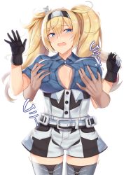 Rule 34 | 1girl, belt, black gloves, blonde hair, blue eyes, blue shirt, blush, grabbing another&#039;s breast, breast pocket, breasts, cai geng, cowboy shot, disembodied hand, gambier bay (kancolle), gloves, grabbing, groping, hair between eyes, hairband, kantai collection, large breasts, long hair, multicolored clothes, multicolored gloves, no bra, open mouth, pocket, shirt, short sleeves, simple background, solo focus, thighhighs, twintails, white background, white gloves, zettai ryouiki