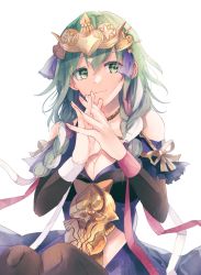 Rule 34 | 1girl, artist request, braid, breasts, byleth (female) (fire emblem), byleth (fire emblem), cleavage, clothing cutout, cosplay, dress, fire emblem, fire emblem: three houses, gold trim, green eyes, green hair, hair ornament, hair ribbon, highres, jewelry, looking at viewer, medium breasts, medium hair, nintendo, official alternate costume, pantyhose, ribbon, ribbon braid, shoulder cutout, simple background, sitting, smile, solo, sothis (fire emblem), sothis (fire emblem) (cosplay), tiara, twin braids, upper body