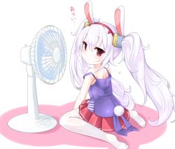 Rule 34 | 1girl, absurdres, animal ears, azur lane, back, bare shoulders, blue camisole, blush, camisole, commentary request, electric fan, fake animal ears, fake tail, from behind, full body, hair between eyes, hair ornament, hairband, highres, hot, kinomiki nobori, laffey (azur lane), long hair, looking at viewer, no jacket, no shoes, pleated skirt, rabbit ears, rabbit tail, red eyes, red skirt, shadow, sidelocks, simple background, sitting, skirt, solo, strap slip, sweat, tail, thighhighs, translation request, twintails, very long hair, wariza, white background, white hair, white thighhighs, zettai ryouiki