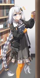Rule 34 | 1girl, :o, ahoge, black jacket, blue eyes, book, bookshelf, braid, collared shirt, commentary request, dress, feet out of frame, fingerless gloves, gloves, grey dress, hair between eyes, hair ornament, highres, hugging object, indoors, jacket, kizuna akari, long hair, long sleeves, looking at viewer, notice lines, open clothes, open jacket, orange gloves, orange pantyhose, pantyhose, parted lips, pentagon (railgun ky1206), puffy long sleeves, puffy sleeves, shirt, sidelocks, silver hair, solo, standing, striped clothes, striped gloves, striped pantyhose, twin braids, vertical-striped clothes, vertical-striped gloves, vertical-striped pantyhose, very long hair, voiceroid, white shirt