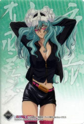 Rule 34 | 1girl, arrancar, artist request, bleach, breasts, casual, cleavage, facial mark, green hair, grey eyes, hollow (bleach), large breasts, long hair, midriff, nelliel tu odelschwanck, number tattoo, official art, scan, scan artifacts, skull, solo, tattoo
