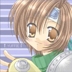 Rule 34 | 1girl, 2000s (style), :3, armor, artist request, blue background, blush, brown eyes, brown gloves, brown hair, character name, final fantasy, final fantasy vii, fingerless gloves, gloves, green sweater, hand up, headband, jpeg artifacts, looking at viewer, pauldrons, pixel art, short hair, shoulder armor, single pauldron, smile, solo, source request, striped background, sweater, turtleneck, turtleneck sweater, upper body, yuffie kisaragi