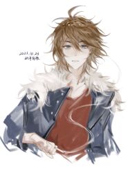 Rule 34 | 1boy, ahoge, alternate eye color, blue eyes, blue jacket, bright pupils, brown hair, character name, chinese commentary, cigarette, commentary request, dated, fur-trimmed jacket, fur trim, hair between eyes, highres, holding, holding cigarette, isoi reiji, jacket, long sleeves, looking at viewer, male focus, open clothes, open jacket, red shirt, saibou shinkyoku, shirt, short hair, simple background, smoke, solo, translated, upper body, white background, white pupils, yueersong