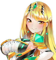 Rule 34 | 1girl, bare shoulders, blonde hair, breasts, chest jewel, cleavage, cleavage cutout, clothing cutout, dress, earrings, elbow gloves, gloves, jewelry, large breasts, long hair, mythra (xenoblade), simple background, solo, swept bangs, tiara, tim (a9243190a), traditional media, very long hair, white background, white dress, white gloves, xenoblade chronicles (series), xenoblade chronicles 2, yellow eyes
