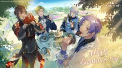 Rule 34 | 4boys, :d, :o, ^ ^, artist request, black gloves, blue hair, brown hair, cake, closed eyes, commentary, copyright name, eating, edmond (nu carnival), english commentary, floral print, food, gloves, green hair, happy valentine, hedge, heterochromia, highres, holding, holding food, kuya (nu carnival), low ponytail, male focus, mole, mole under eye, multiple boys, nu carnival, official art, official wallpaper, olivine (nu carnival), open mouth, outdoors, purple eyes, purple hair, red eyes, red gloves, smile, table, teaspoon, yakumo (nu carnival), yellow eyes