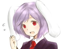 Rule 34 | 1girl, animal ears, ear tug, flying sweatdrops, jacket, light purple hair, looking at viewer, nagata nagato, necktie, open mouth, rabbit ears, red eyes, reisen, short hair, simple background, solo, suit jacket, touhou, upper body, white background