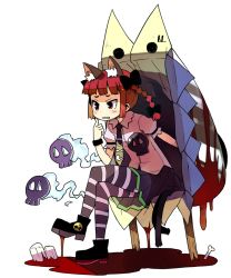Rule 34 | 1girl, animal ears, blood, blunt bangs, bone, bow, braid, cat ears, cat tail, collared shirt, full body, hair bow, head rest, hitodama, image sample, kaenbyou rin, kannazuki hato, multiple tails, necktie, nekomata, pantyhose, pool of blood, red eyes, red hair, shirt, shoes, simple background, sitting, skull, solo, striped clothes, striped pantyhose, tail, touhou, two tails, wheelbarrow, white background, wristband