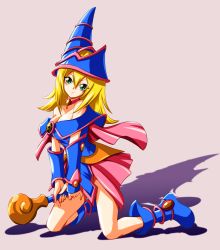 Rule 34 | 1girl, ashi ura, bare shoulders, blonde hair, blue footwear, blush, boots, breasts, choker, cleavage, dark magician girl, detached sleeves, duel monster, green eyes, hat, large breasts, long hair, pentacle, pink background, skirt, smile, solo, staff, wand, witch hat, wizard hat, yu-gi-oh!, yuu-gi-ou, yu-gi-oh! duel monsters