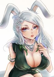 Rule 34 | 1girl, absurdres, akira-tama, animal ears, black dress, breasts, cleavage, dress, final fantasy, final fantasy xiv, grey eyes, grey hair, highres, jewelry, large breasts, long hair, looking at viewer, mole, mole under mouth, necklace, rabbit ears, sitting, solo, viera, warrior of light (ff14)