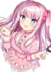 Rule 34 | 1girl, :d, absurdres, blue eyes, blush, bow, breasts, commentary request, copyright request, dress, fang, frills, hair bow, hair intakes, hands up, heart, highres, indie virtual youtuber, juliet sleeves, long hair, long sleeves, looking at viewer, medium breasts, nenobi (nenorium), open mouth, pantyhose, pink bow, pink dress, pink hair, pleated dress, puffy sleeves, simple background, smile, solo, two side up, very long hair, virtual youtuber, white background, white pantyhose
