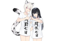 Rule 34 | 2girls, :d, animal ear fluff, animal ears, antenna hair, black hair, blue eyes, cait aron, character request, clothes writing, collarbone, commentary request, grey hair, hair between eyes, hair ornament, hairclip, heart hands failure, indie virtual youtuber, kusubashi shiya, long hair, looking at viewer, melty connect, multiple girls, open mouth, purple eyes, shirt, short sleeves, simple background, smile, tail, tiger ears, tiger girl, tiger tail, translation request, very long hair, virtual youtuber, white background, white shirt