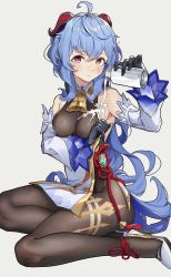 Rule 34 | 1girl, absurdres, ahoge, armpit crease, bare shoulders, bell, black pantyhose, blue hair, blush, bottle, breasts, cowbell, detached sleeves, dpea9, duplicate, ganyu (genshin impact), genshin impact, gloves, high heels, highres, long sleeves, looking at viewer, medium breasts, milk, milk bottle, pantyhose, pouring, pouring onto self, purple eyes, seiza, sitting, solo, sweatdrop