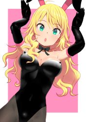 Rule 34 | 1girl, ahoge, animal ears, bad id, bad twitter id, blonde hair, breasts, elbow gloves, fake animal ears, gloves, green eyes, hoshii miki, idolmaster, idolmaster (classic), inactive account, large breasts, leotard, long hair, open mouth, pantyhose, pettan p, playboy bunny, rabbit ears, rabbit pose, simple background, solo, wavy hair