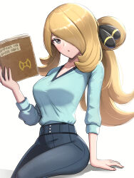 Rule 34 | 1girl, :/, absurdres, black pants, blonde hair, blue shirt, book, breasts, closed mouth, creatures (company), cynthia (pokemon), game freak, gen 2 pokemon, gonzarez, grey eyes, hair ornament, hair over one eye, hand up, highres, holding, holding book, large breasts, long hair, long sleeves, looking at viewer, medium breasts, nintendo, pants, pink nails, pokemon, pokemon (anime), pokemon journeys, pokemon swsh122, ponytail, revision, shirt, shirt tucked in, sidelocks, simple background, sitting, solo, unown, v-neck, white background