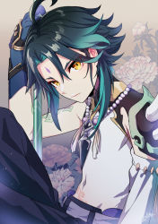 Rule 34 | 1boy, ahoge, arm guards, arm tattoo, armor, asymmetrical clothes, bead necklace, beads, black hair, closed mouth, covered navel, detached sleeves, diamond (shape), eyes visible through hair, eyeshadow, facial mark, floral background, flower, forehead mark, genshin impact, gloves, green gloves, green hair, highres, holding, holding polearm, holding spear, holding weapon, jewelry, kawasemi (pocorit), looking at viewer, makeup, male focus, multicolored hair, necklace, parted bangs, pendant, polearm, red eyeshadow, short hair, short hair with long locks, shoulder armor, shoulder pads, shoulder spikes, sidelocks, single bare shoulder, single detached sleeve, slit pupils, solo, spear, spikes, tassel, tattoo, two-tone hair, weapon, xiao (genshin impact), yellow eyes