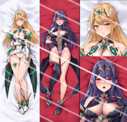 Rule 34 | bare legs, bare shoulders, blonde hair, breasts, chest jewel, cleavage, cleavage cutout, clothing cutout, corruption, dark persona, dress, earrings, elbow gloves, gloves, highres, jewelry, large breasts, long hair, matrix16, mythra (xenoblade), short dress, swept bangs, thigh strap, tiara, very long hair, white dress, white gloves, xenoblade chronicles (series), xenoblade chronicles 2, yellow eyes
