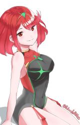 Rule 34 | 1girl, breasts, competition swimsuit, grimmelsdathird, highres, jewelry, large breasts, looking at viewer, nintendo, one-piece swimsuit, pyra (pro swimmer) (xenoblade), pyra (xenoblade), red eyes, red hair, short hair, sidelocks, simple background, smile, solo, swept bangs, swimsuit, tiara, white background, xenoblade chronicles (series), xenoblade chronicles 2