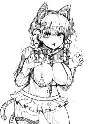 Rule 34 | 1girl, animal ears, breasts, cat ears, cat tail, claw pose, contrapposto, cowboy shot, fang, greyscale, hair between eyes, highres, kaenbyou rin, large breasts, looking at viewer, miniskirt, monochrome, multiple tails, nekomata, peso (cheese company), ribbed sweater, simple background, sketch, skirt, slit pupils, solo, sweater, tail, touhou, two tails