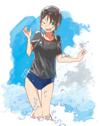 Rule 34 | 10s, 1girl, ;d, alternate costume, brown hair, cloud, cloudy sky, dated, day, fubuki (kancolle), gradient background, green eyes, kantai collection, kusakabe (kusakabeworks), one eye closed, open mouth, sky, smile, solo, splashing, summer, swimsuit, swimsuit under clothes, twitter username, wading, wet, wet clothes, wet hair