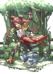 Rule 34 | 1girl, aro (charged time out), bad id, bad pixiv id, book, boots, braid, capelet, dappled sunlight, detached sleeves, dog, fantasy, fence, forest, hairband, lantern, light rays, long hair, midriff, nature, original, overskirt, pantyhose, red eyes, red hair, running, smile, solo, sunbeam, sunlight, tree shade