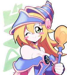 Rule 34 | 1girl, artsy-rc, bare shoulders, blonde hair, blue vest, blush stickers, bracer, breasts, cleavage, closed mouth, commentary, dark magician girl, detached collar, english commentary, green eyes, hair between eyes, hat, highres, holding, holding wand, long hair, looking at viewer, medium breasts, one eye closed, signature, smile, solo, upper body, vest, wand, wizard hat, yu-gi-oh!
