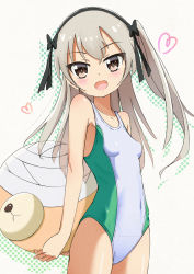Rule 34 | 10s, 1girl, absurdres, arms behind back, black ribbon, blush, boko (girls und panzer), breasts, brown eyes, commentary, competition swimsuit, cowboy shot, girls und panzer, green one-piece swimsuit, hair ribbon, heart, highres, holding, holding stuffed toy, light blush, light brown hair, long hair, looking at viewer, one-piece swimsuit, open mouth, retumihari, ribbon, shimada arisu, side ponytail, small breasts, smile, solo, standing, stuffed animal, stuffed toy, swimsuit, teddy bear, traditional media