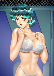 Rule 34 | 1girl, adjutant (agent aika), agent aika, aika (series), blue eyes, blue hair, bra, breasts, cleavage, delmo, indoors, lingerie, lipstick, looking at viewer, makeup, open mouth, panties, red lips, short hair, solo, standing, underwear, upper body, white bra, white delmo, white panties, yuusuke (ziyasu)
