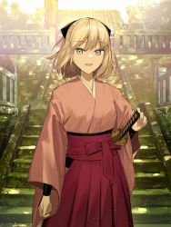 Rule 34 | 1girl, blonde hair, bow, eyelashes, eyes visible through hair, fate/grand order, fate (series), female focus, hair between eyes, hair bow, hair ornament, highres, japanese clothes, katana, kimono, looking at viewer, moss, okita souji (fate), open mouth, outdoors, shinsengumi, short hair, smile, solo, stairs, sword, tamitami, weapon, yellow eyes